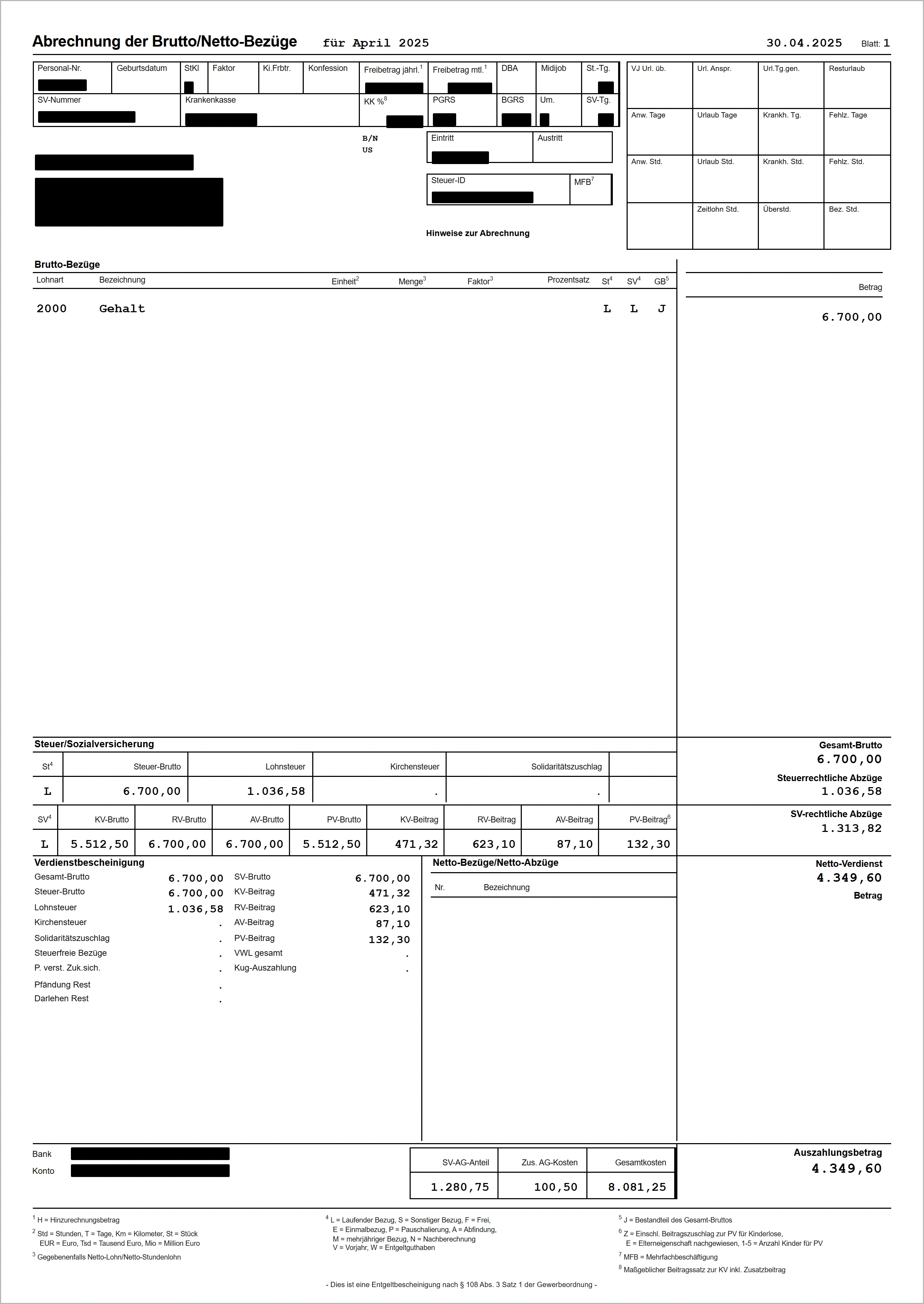 Entgeltabrechnung für April 2025 mit eingetragenem Steuerfreibetrag und Auszahlungsbetrag 4.349,60 Euro (Musterabrechnung, persönliche Daten geschwärzt)